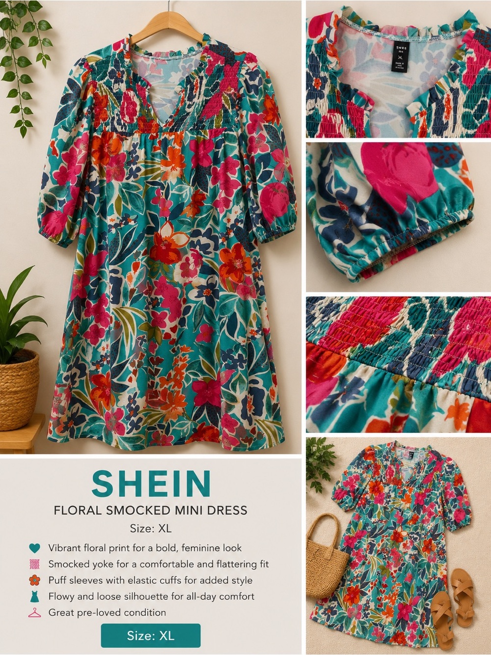 SHEIN Turquoise Floral Puff-Sleeve Mini Dress with Fuchsia Accents